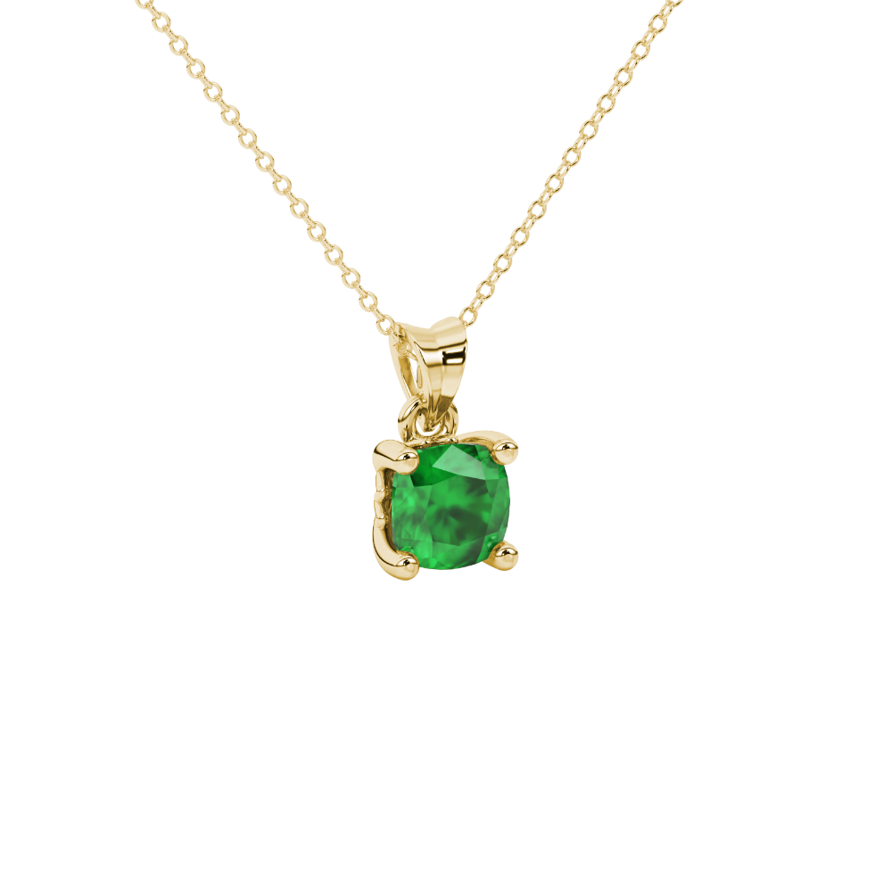 Green cushion cut solitaire gemstone pendant in gold with classic four prong setting