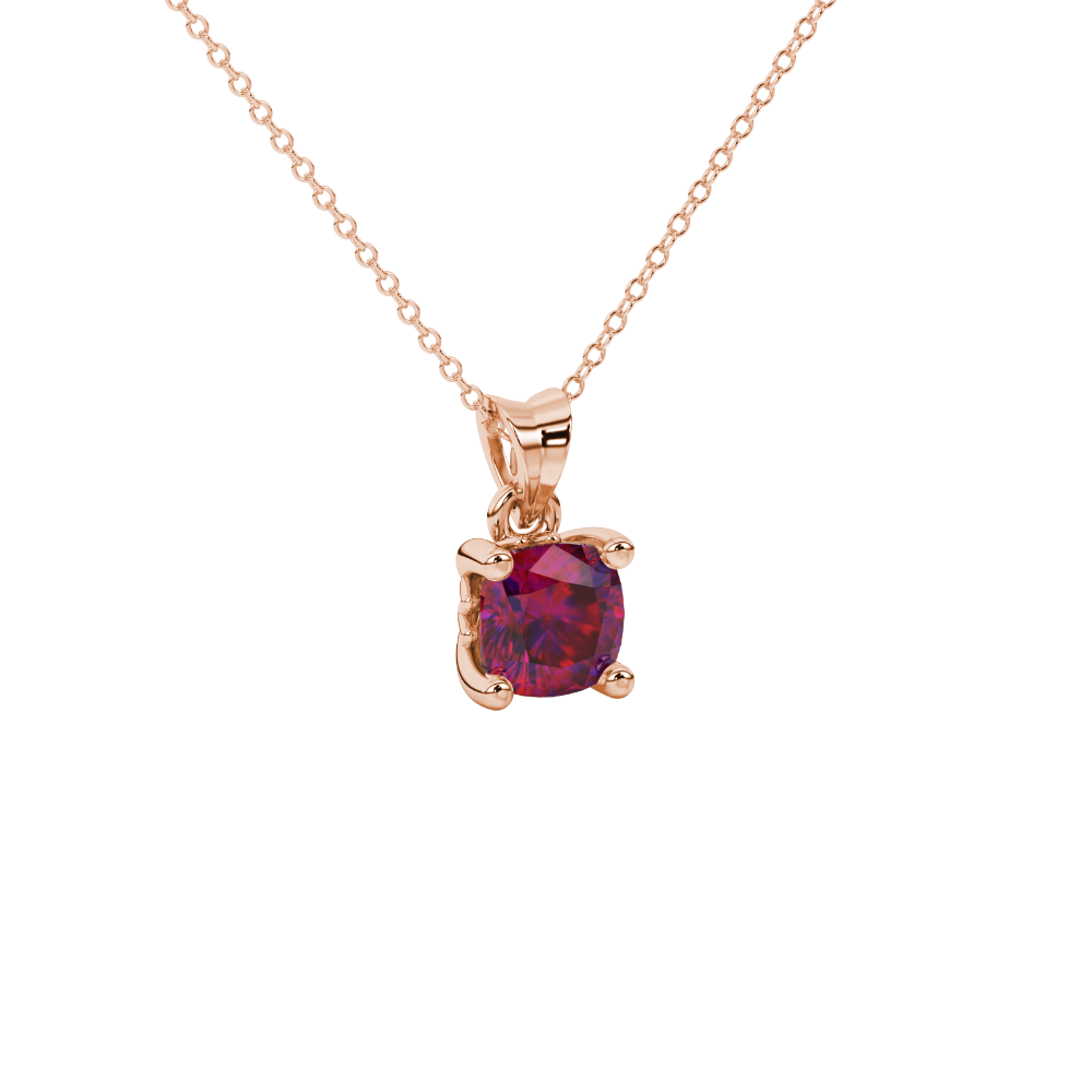 Red cushion cut solitaire gemstone pendant in gold with classic four prong setting