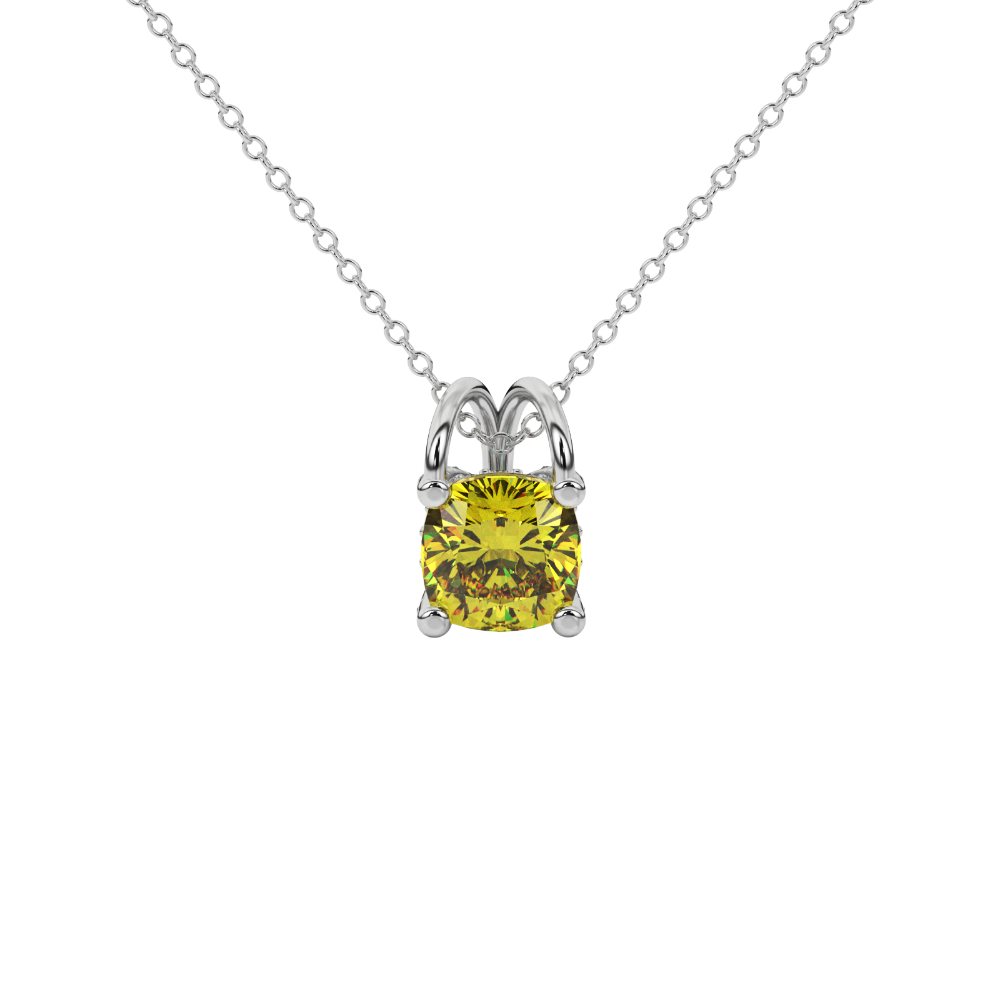 Yellow cushion cut gemstone pendant with diamond accent basket setting in rose gold