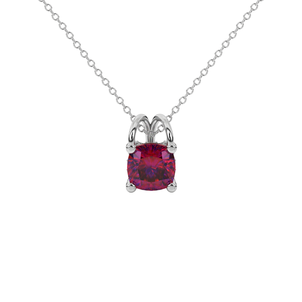 Red cushion cut gemstone pendant with diamond accent basket setting in rose gold