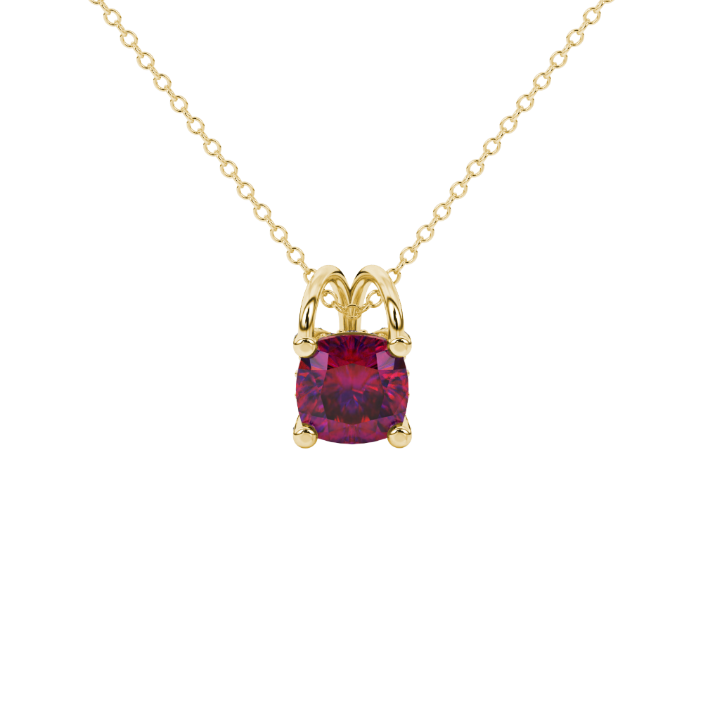 Red cushion cut gemstone pendant with diamond accent basket setting in rose gold