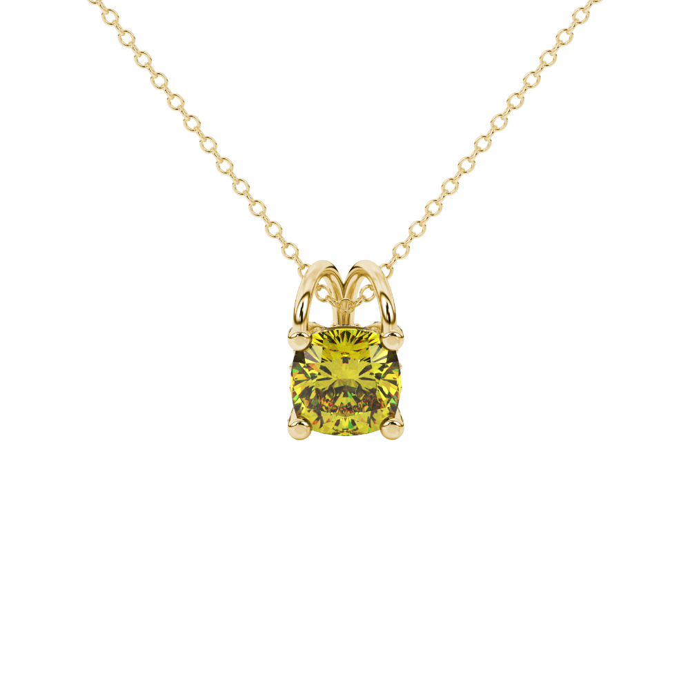 Yellow cushion cut gemstone pendant with diamond accent basket setting in rose gold