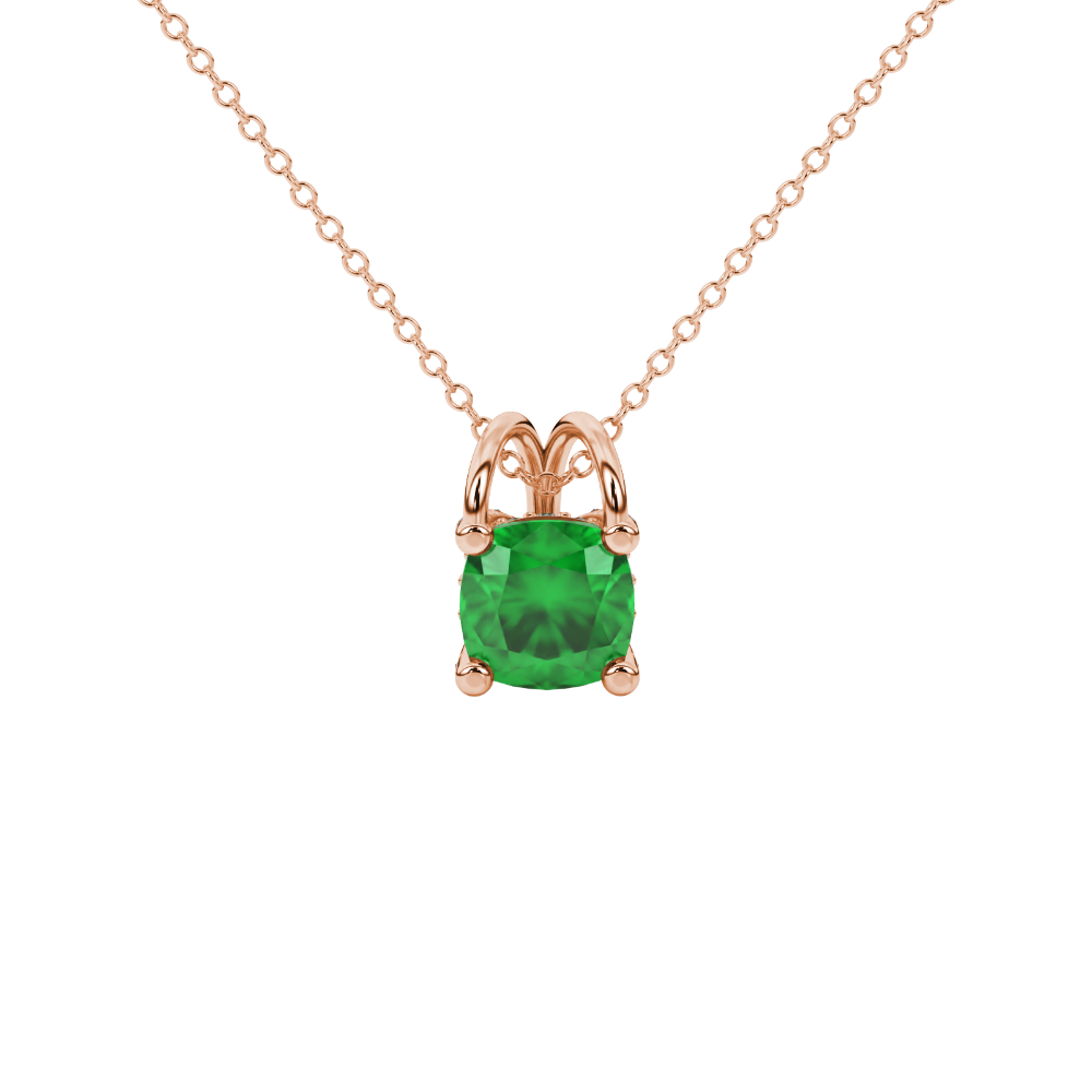 Green cushion cut gemstone pendant with diamond accent basket setting in rose gold