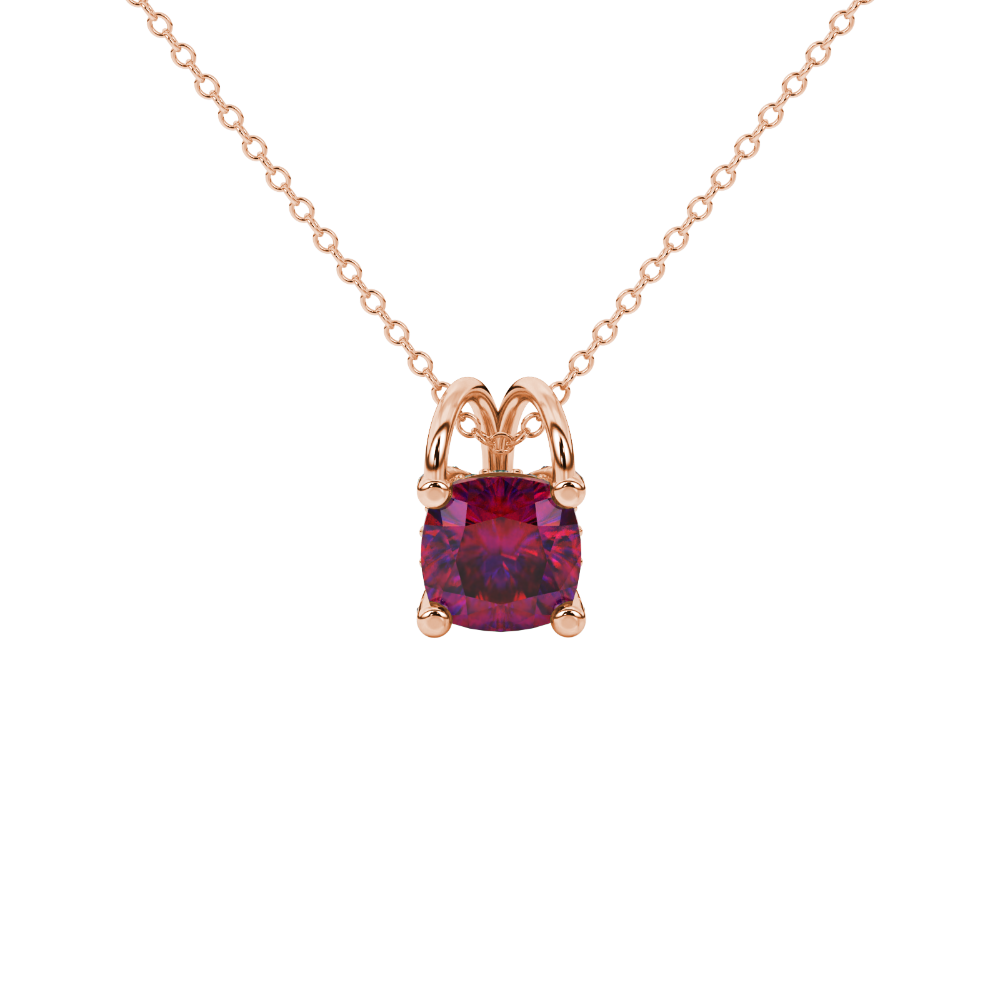 Red cushion cut gemstone pendant with diamond accent basket setting in rose gold