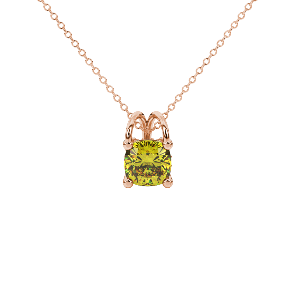 Yellow cushion cut gemstone pendant with diamond accent basket setting in rose gold