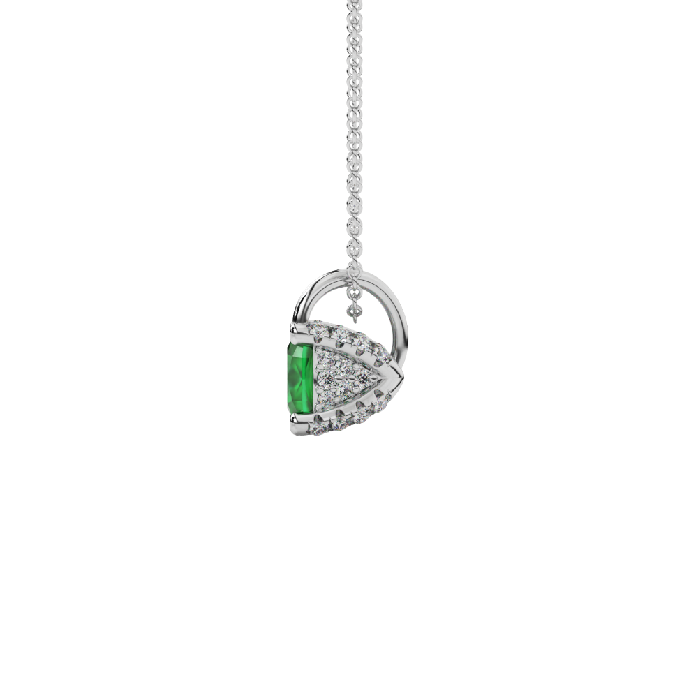 Green cushion cut gemstone pendant with diamond accent basket setting in rose gold