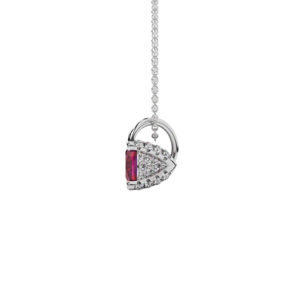 Red cushion cut gemstone pendant with diamond accent basket setting in rose gold