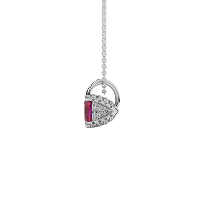 raspberry red gemstone hidden halo pendant in white gold
