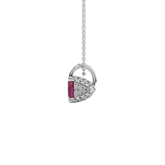 raspberry red gemstone hidden halo pendant in white gold
