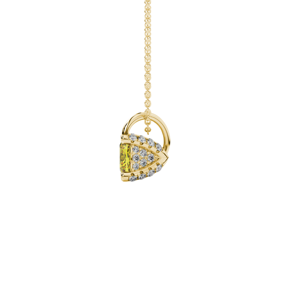 Yellow cushion cut gemstone pendant with diamond accent basket setting in rose gold
