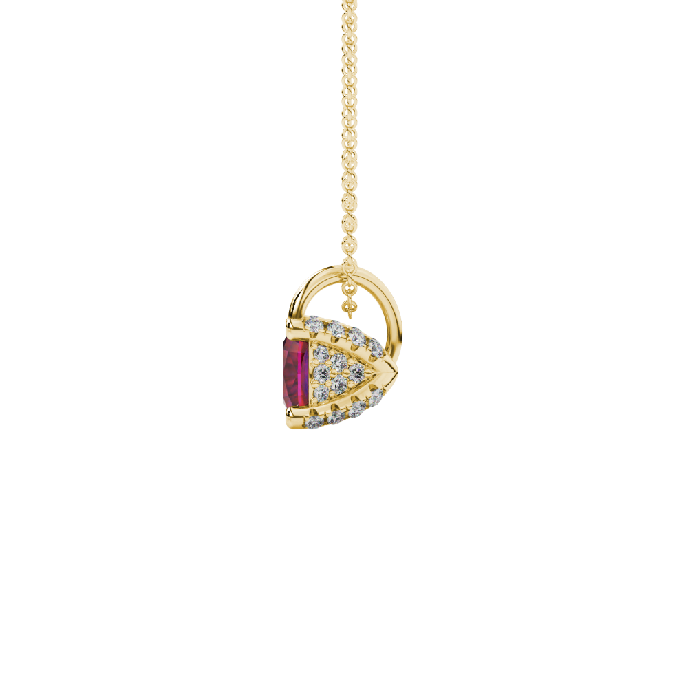 Red cushion cut gemstone pendant with diamond accent basket setting in rose gold