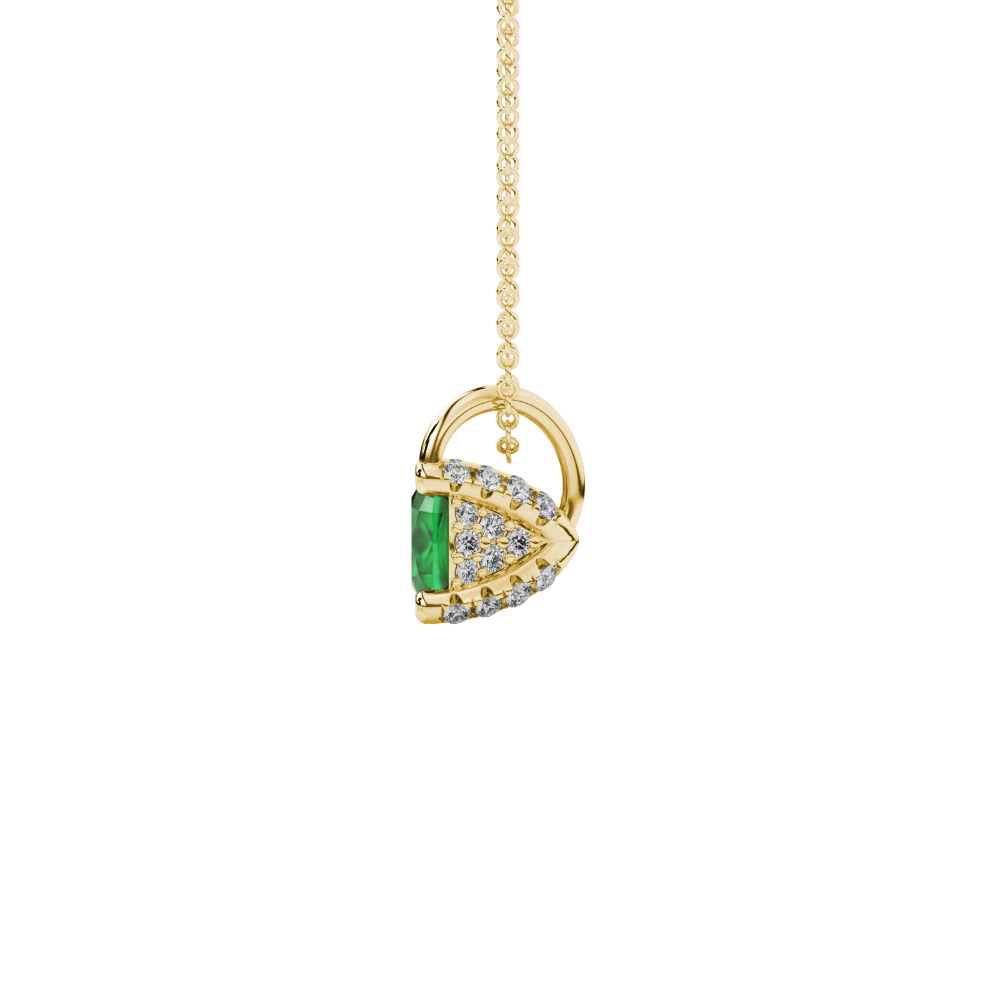 Green cushion cut gemstone pendant with diamond accent basket setting in rose gold