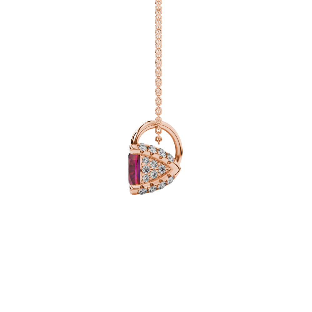 Red cushion cut gemstone pendant with diamond accent basket setting in rose gold