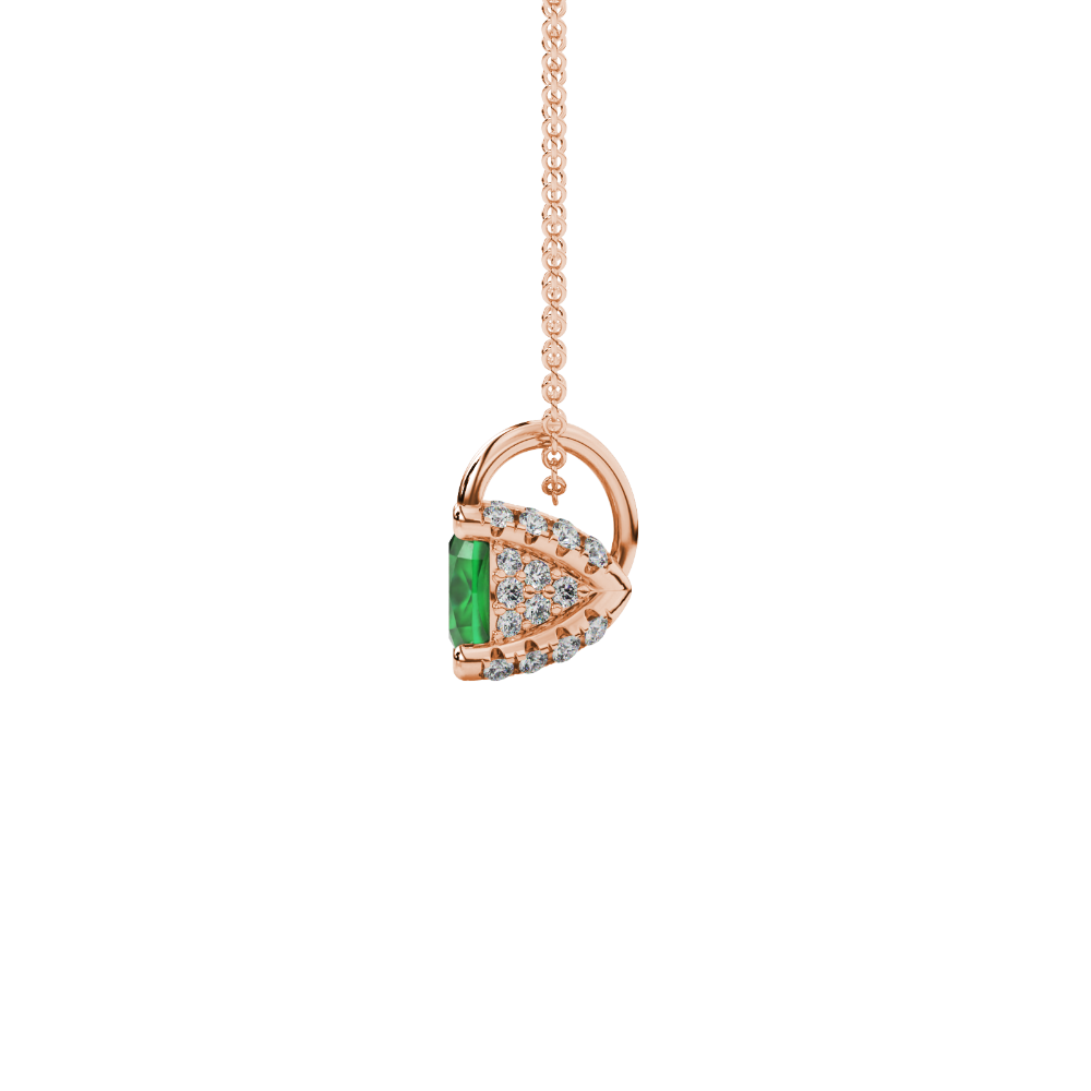 Green cushion cut gemstone pendant with diamond accent basket setting in rose gold