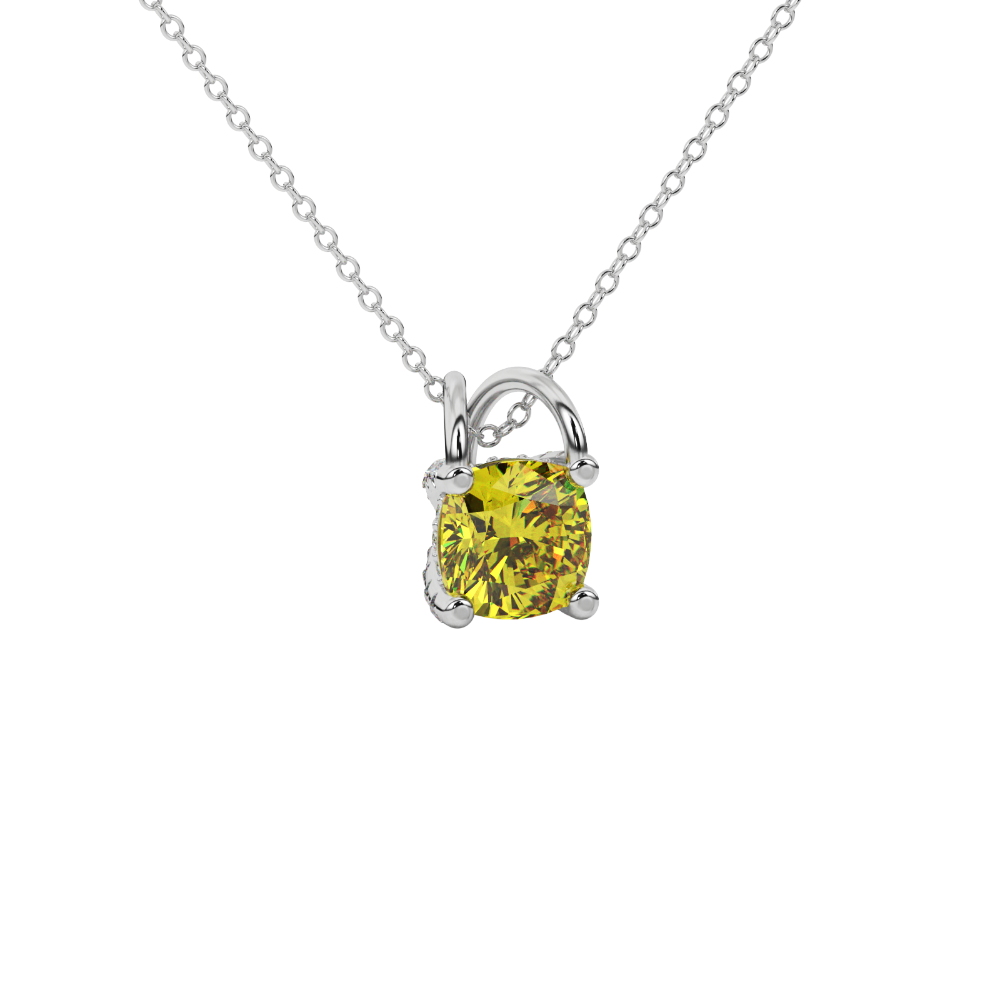 Yellow cushion cut gemstone pendant with diamond accent basket setting in rose gold