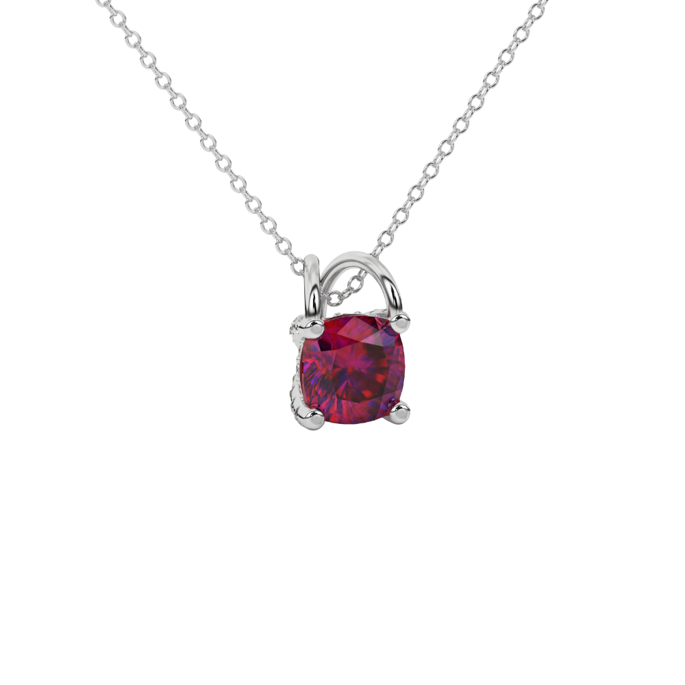 Red cushion cut gemstone pendant with diamond accent basket setting in rose gold