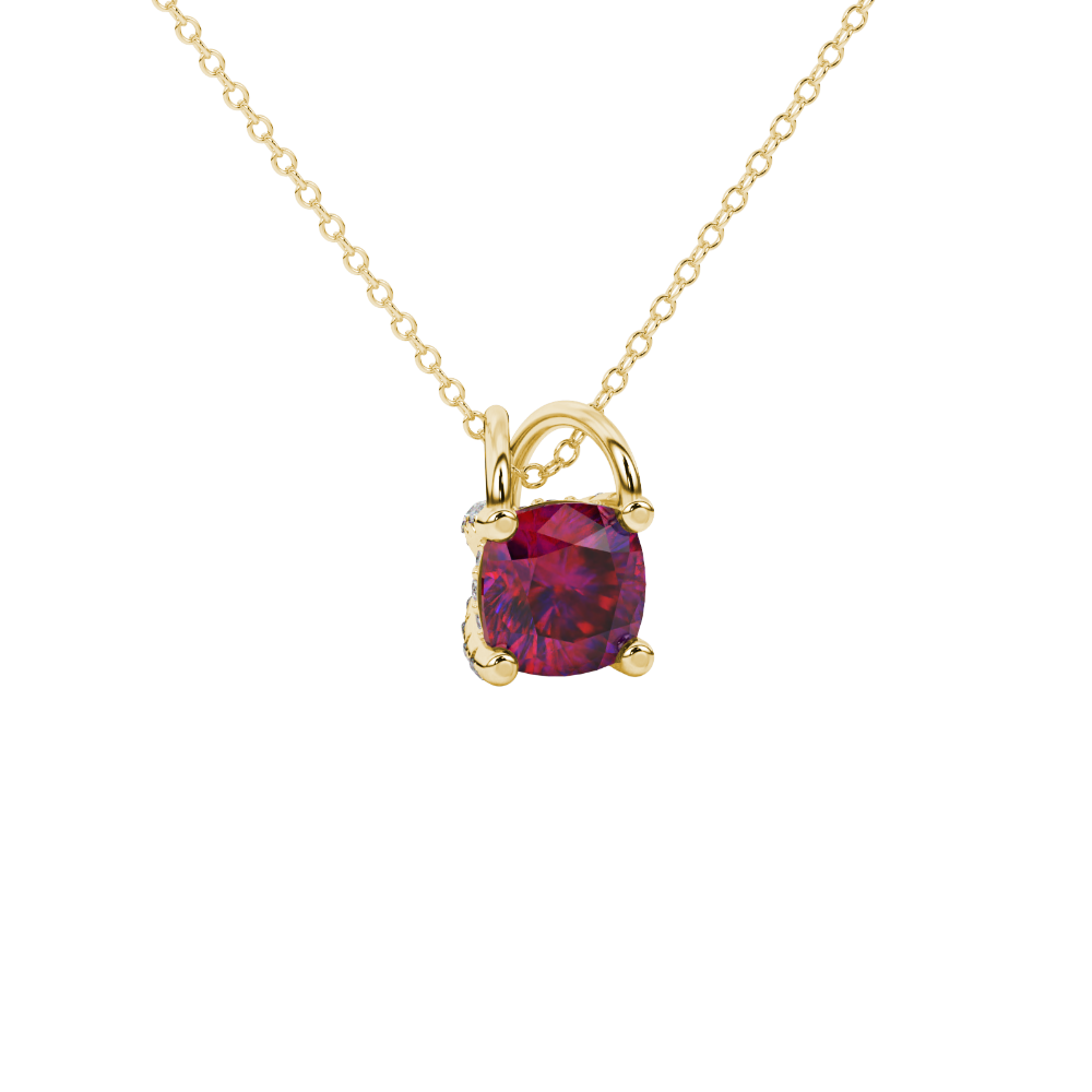 Red cushion cut gemstone pendant with diamond accent basket setting in rose gold