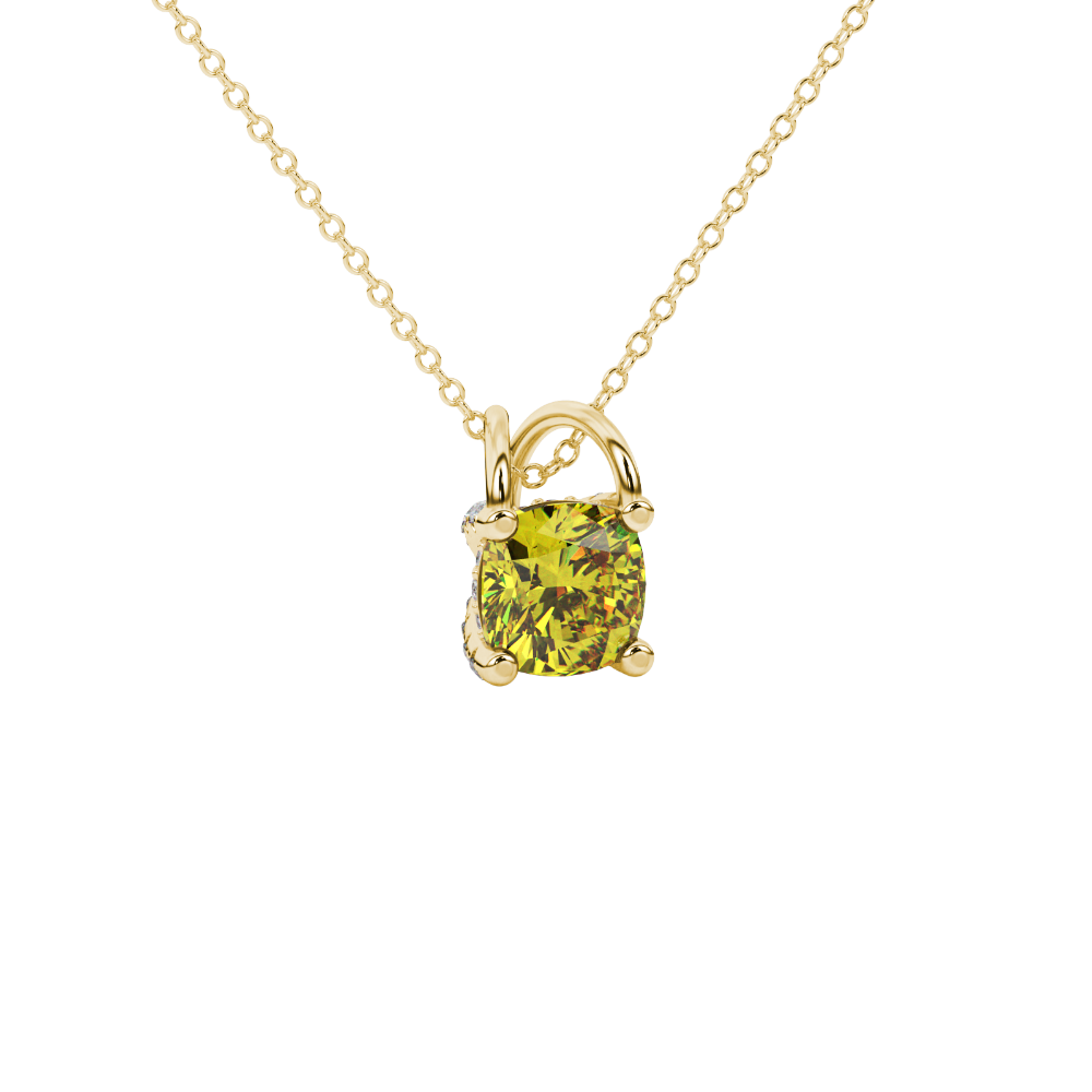 Yellow cushion cut gemstone pendant with diamond accent basket setting in rose gold