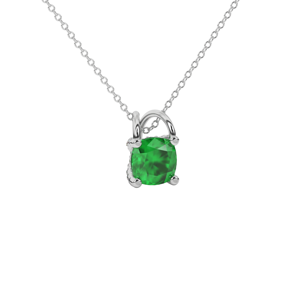 Green cushion cut gemstone pendant with diamond accent basket setting in rose gold