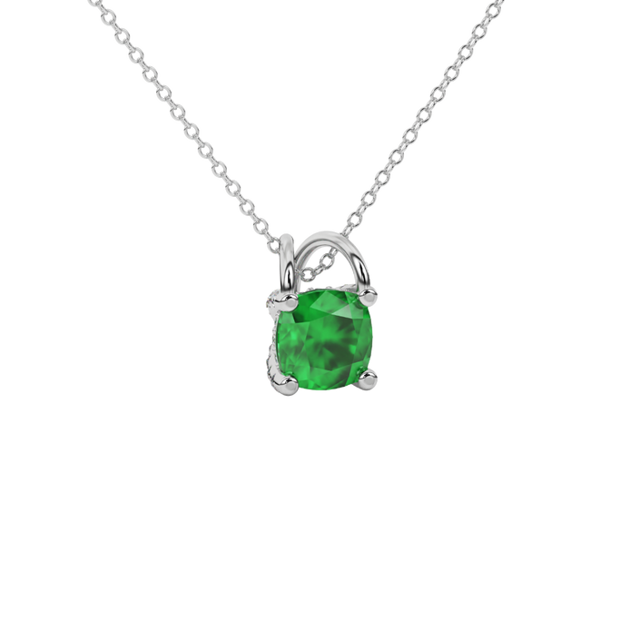 Green cushion cut gemstone pendant with diamond accent basket setting in rose gold