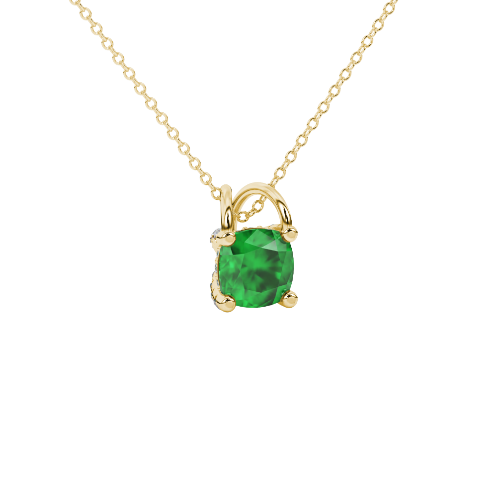 Green cushion cut gemstone pendant with diamond accent basket setting in rose gold