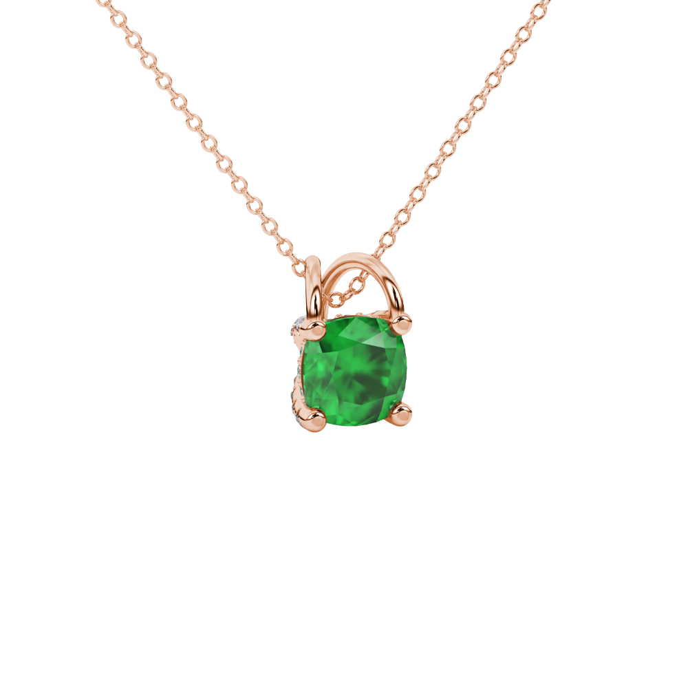 Green cushion cut gemstone pendant with diamond accent basket setting in rose gold