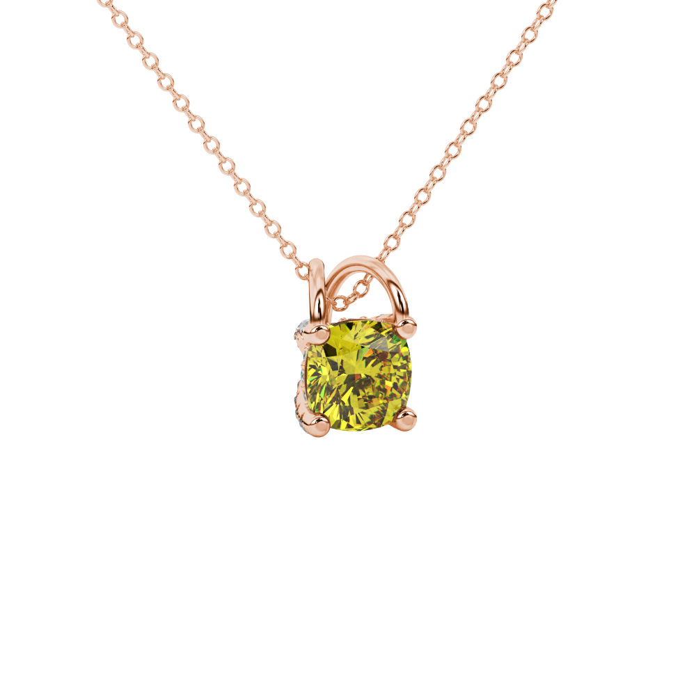 Yellow cushion cut gemstone pendant with diamond accent basket setting in rose gold