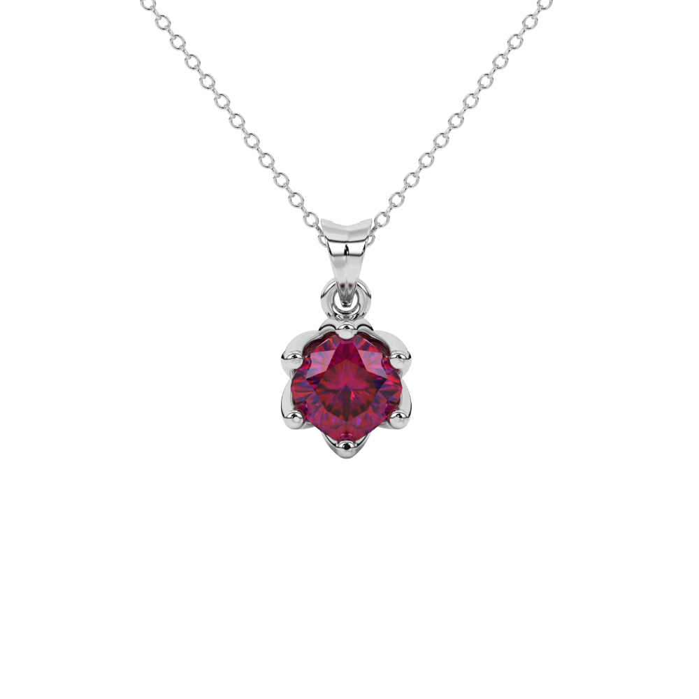 Red cushion cut floral solitaire pendant in rose gold with six prong flower setting