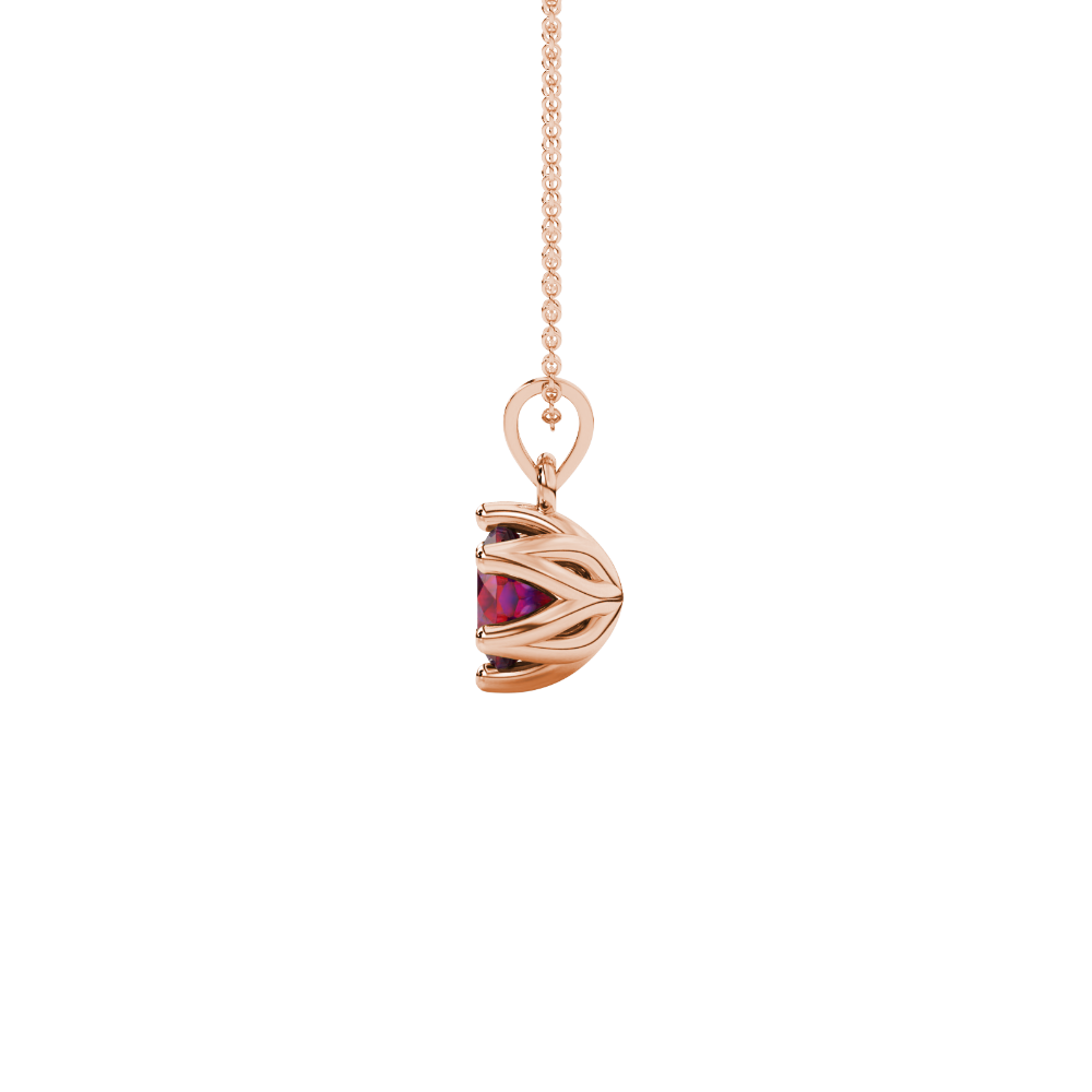Red cushion cut floral solitaire pendant in rose gold with six prong flower setting