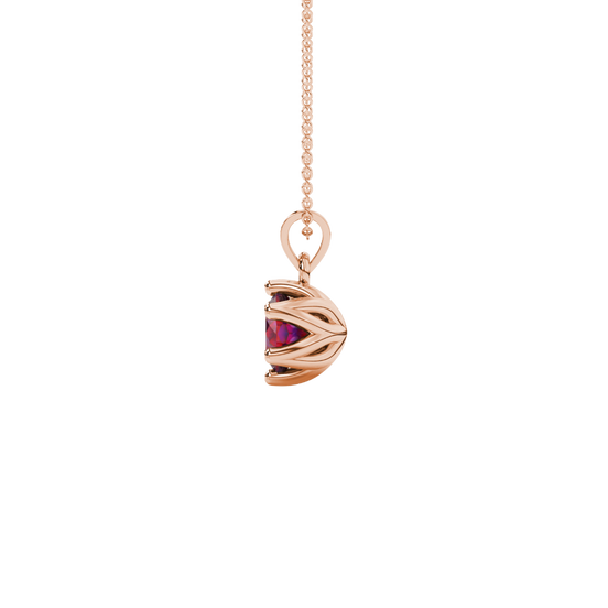 Red cushion cut floral solitaire pendant in rose gold with six prong flower setting
