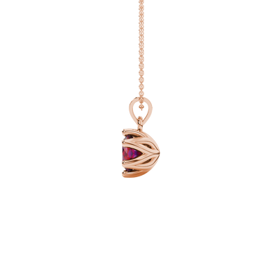 Red cushion cut floral solitaire pendant in rose gold with six prong flower setting