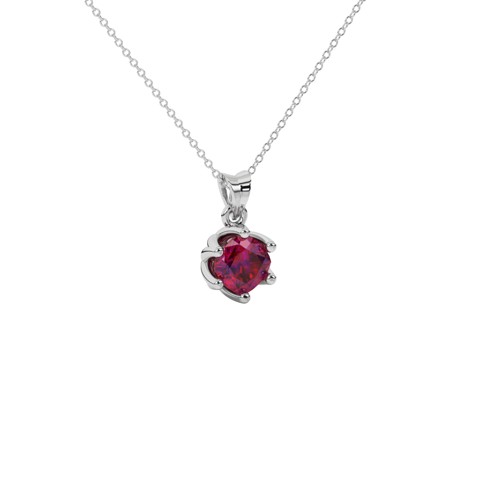 Red cushion cut floral solitaire pendant in rose gold with six prong flower setting