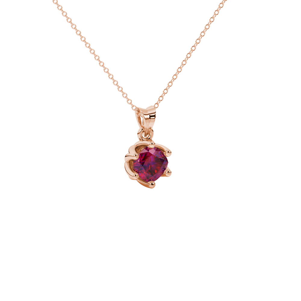 Red cushion cut floral solitaire pendant in rose gold with six prong flower setting