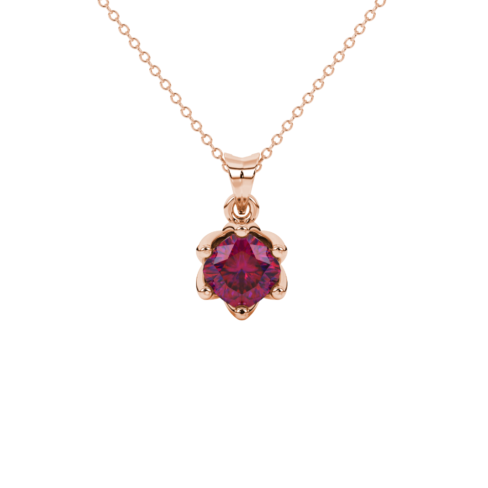 Red cushion cut floral solitaire pendant in rose gold with six prong flower setting