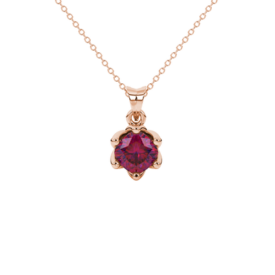 Red cushion cut floral solitaire pendant in rose gold with six prong flower setting