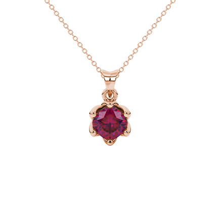 Red cushion cut floral solitaire pendant in rose gold with six prong flower setting