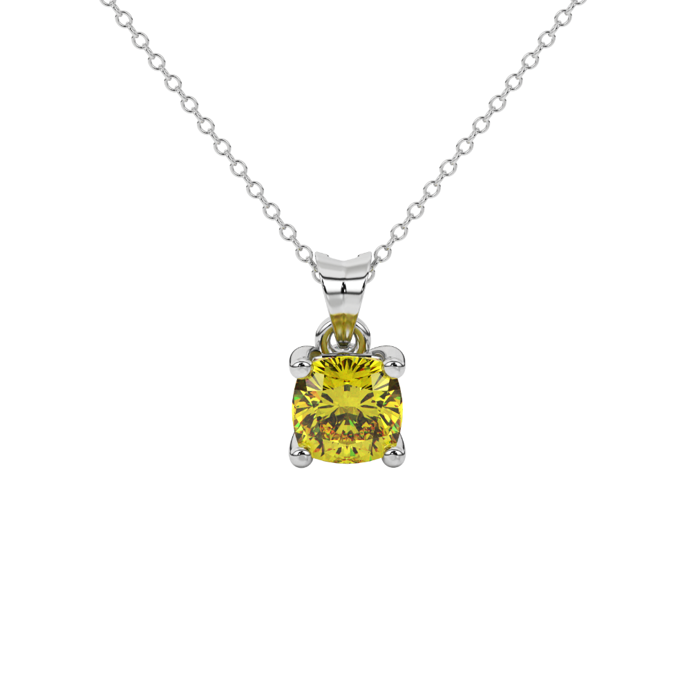 Yellow cushion cut gemstone pendant with accent diamonds in yellow gold basket setting