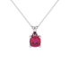 Red cushion cut gemstone pendant with accent diamonds in white gold basket setting