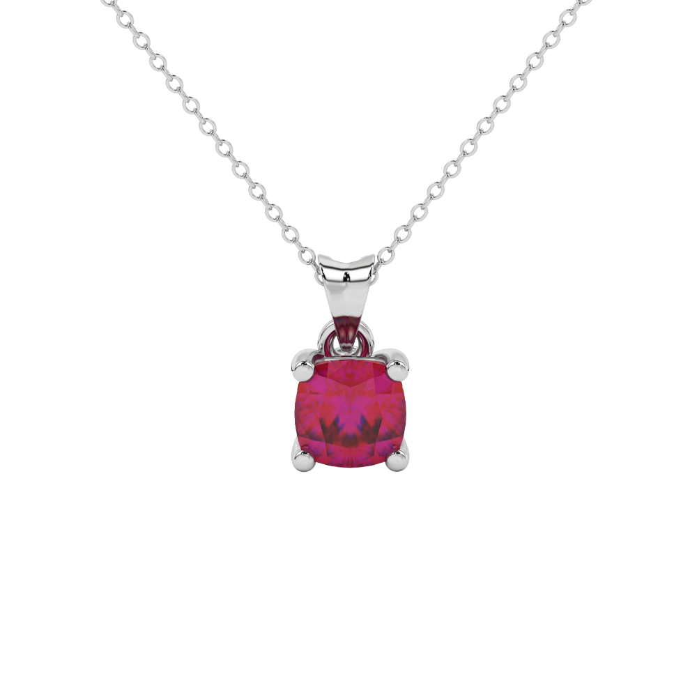 Red cushion cut gemstone pendant with accent diamonds in white gold basket setting