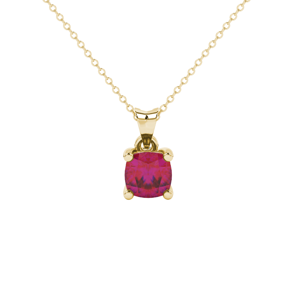 Red cushion cut gemstone pendant with accent diamonds in white gold basket setting