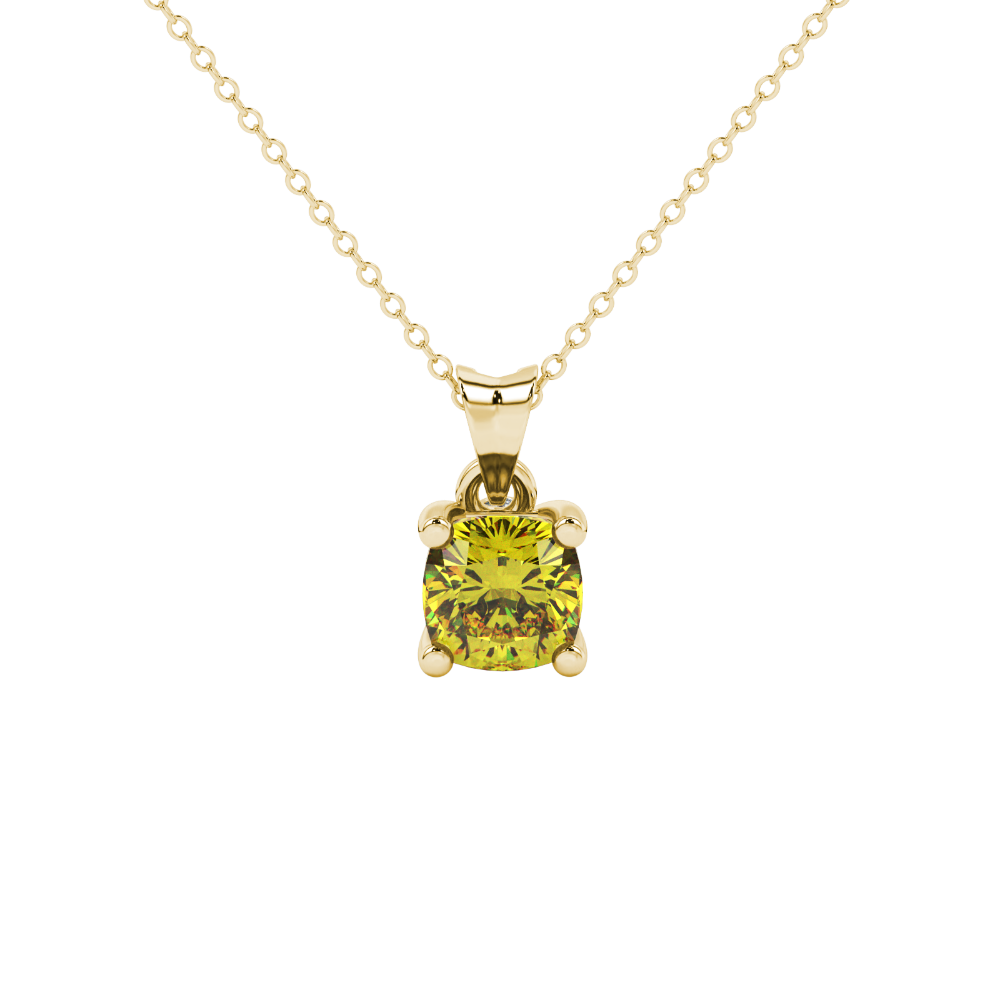 Yellow cushion cut gemstone pendant with accent diamonds in yellow gold basket setting