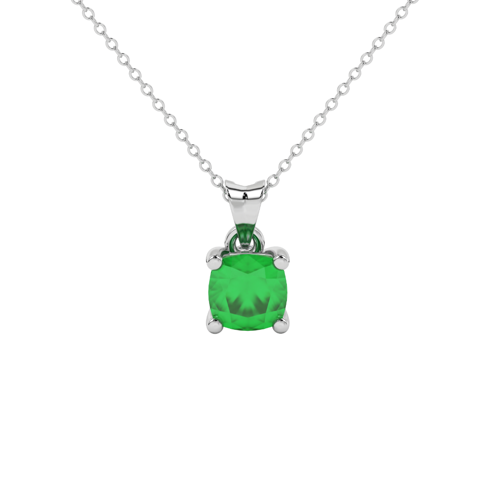 Green cushion cut gemstone pendant with accent diamonds in white gold basket setting