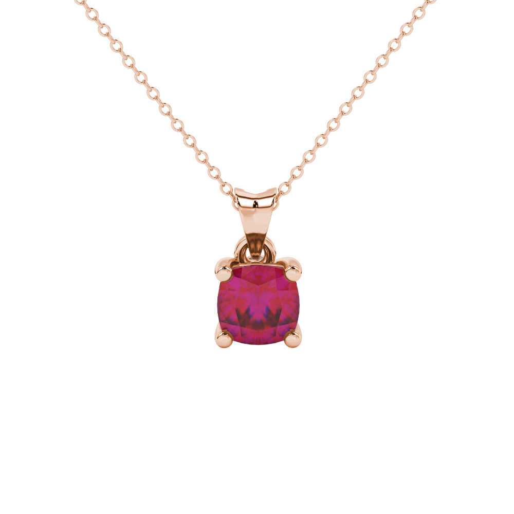 Red cushion cut gemstone pendant with accent diamonds in white gold basket setting