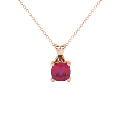 Red cushion cut gemstone pendant with accent diamonds in white gold basket setting