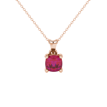 Red cushion cut gemstone pendant with accent diamonds in white gold basket setting