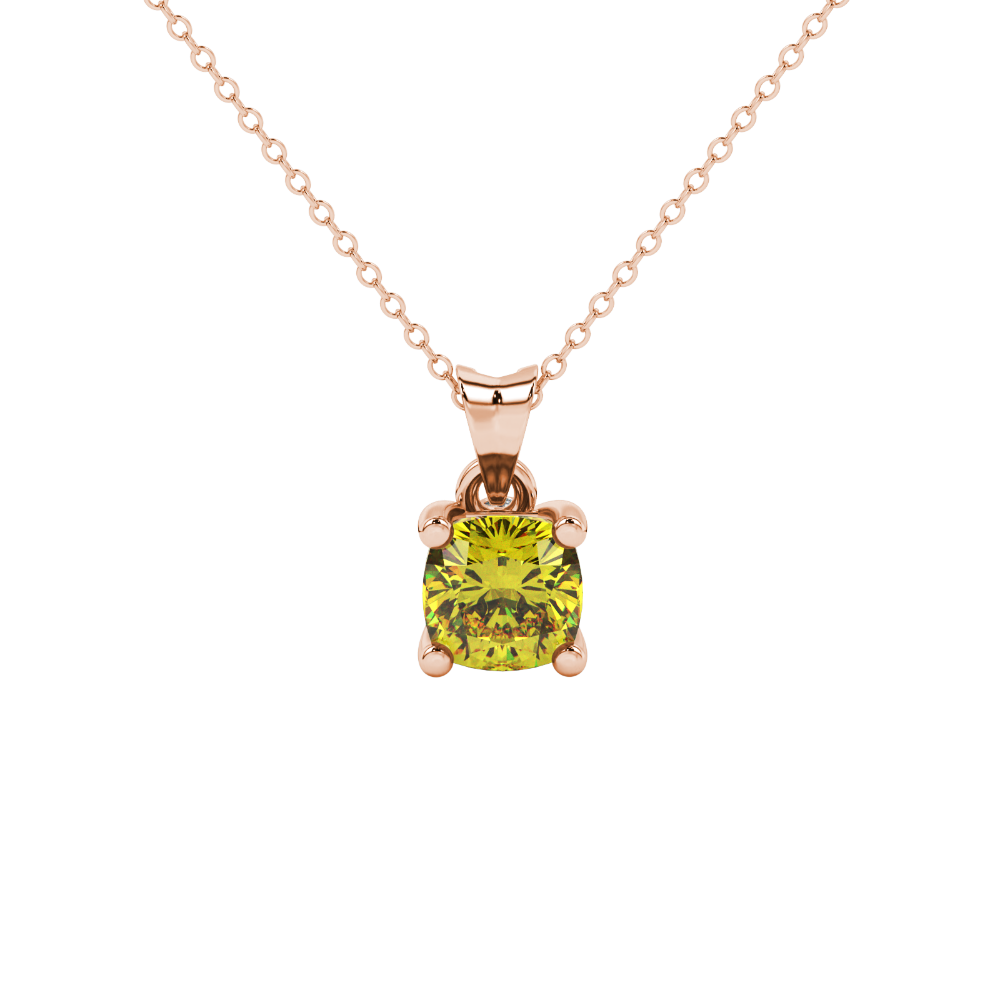 Yellow cushion cut gemstone pendant with accent diamonds in yellow gold basket setting