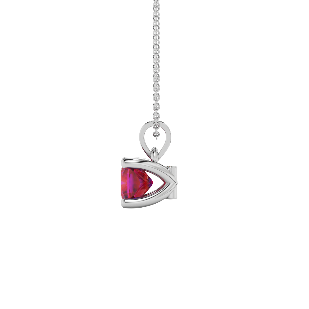 Red cushion cut gemstone pendant with accent diamonds in white gold basket setting