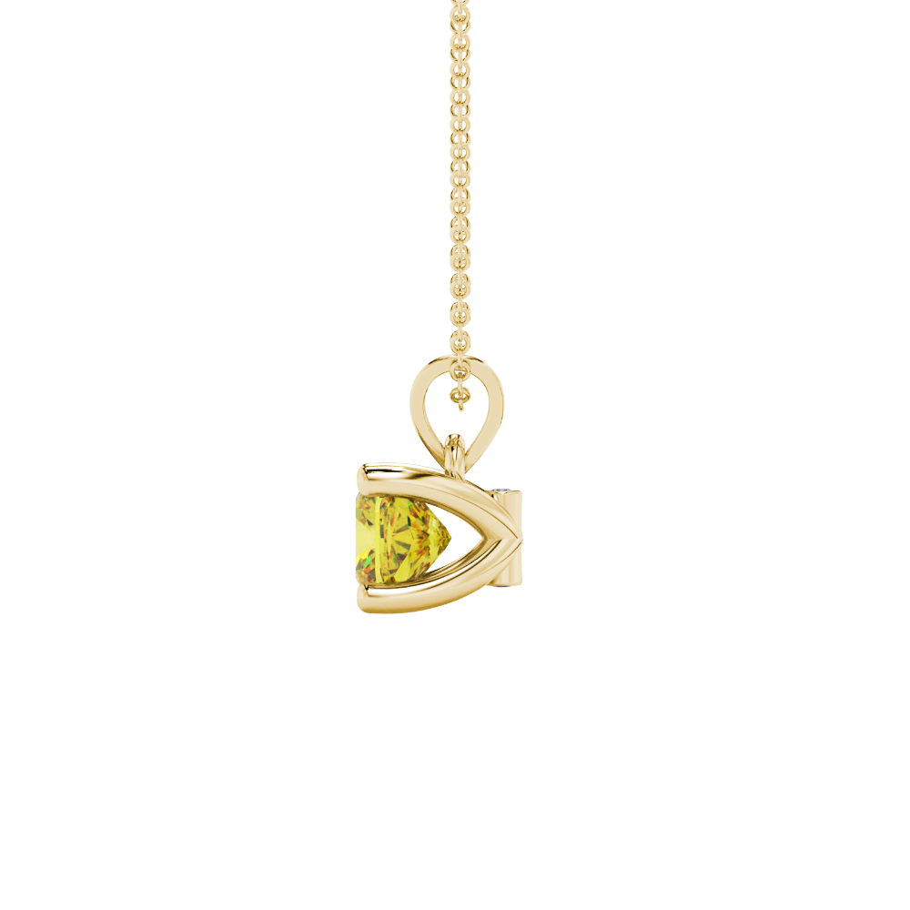 Yellow cushion cut gemstone pendant with accent diamonds in yellow gold basket setting
