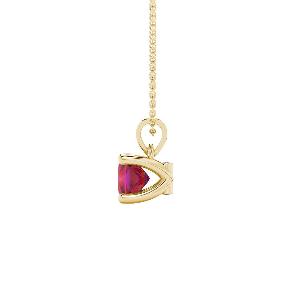 Red cushion cut gemstone pendant with accent diamonds in white gold basket setting