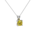 Yellow cushion cut gemstone pendant with accent diamonds in yellow gold basket setting